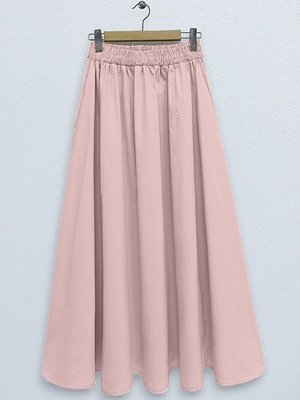 Pudra Uzun Beli Lastikli Çift Cepli Poplin Kloş Etek