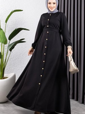 Siyah Düğme Detaylı Kemerli Elbise