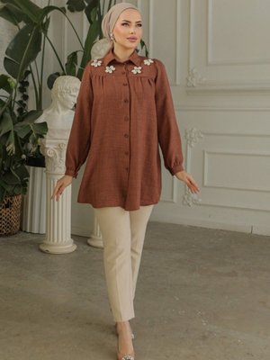 Koyu Kahve Robadan Büzgülü Ozel Aplikeli Keten Tunik