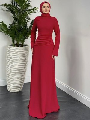 Kırmızı Beli Drapeli Kolu Düğmeli Krep Abiye Elbise