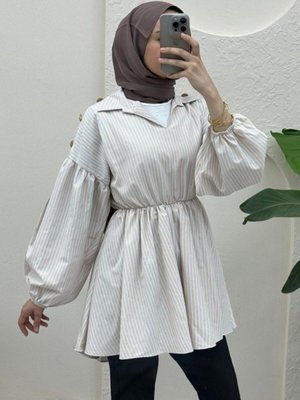 Bej Beli Ve Kolu Lastikli V Yaka Çizgili Tunik Bej Beli Ve Kolu Lastikli V Yaka Çizgili Tunik