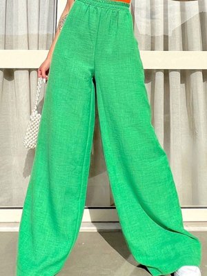 Yeşil Beli Lastikli Çift Cepli Salaş Pantolon