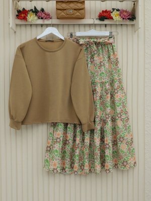 Vizon Çiçek Desenli Kemerli İkili Takım