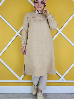 Bej Aller Kesim Broş Detaylı Tunik