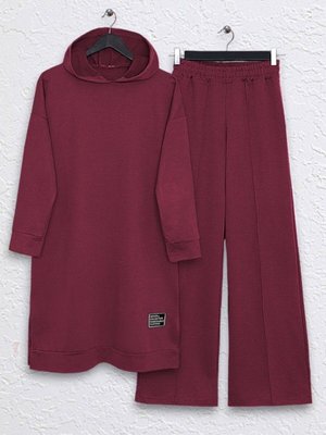 Bordo Kapüşonlu Yırtmaçlı Çimalı İkili Takım