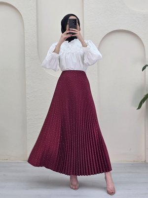 Bordo Taşlı Pliseli Kraş Etek Bordo Taşlı Pliseli Kraş Etek