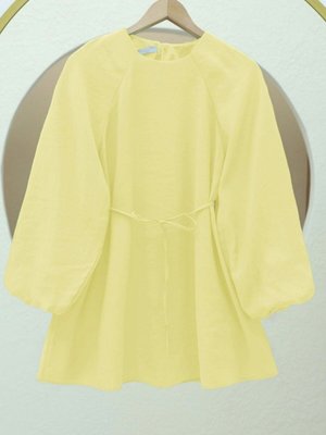 Açık Sarı Yuvarlak Yaka Beli Bağcıklı Balon Kol Tunik