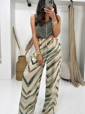 Haki Bej Viskon Desenli Beli Lastikli Bol Paça Pantolon