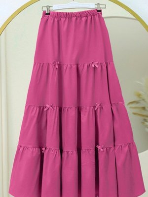 Fuşya Uzun Kurdele Detaylı Parçalı Beli Lastikli Etek