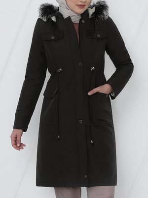 Siyah Çıkma Kapüşonlu Bağcıklı Bondit Kısa Kaban