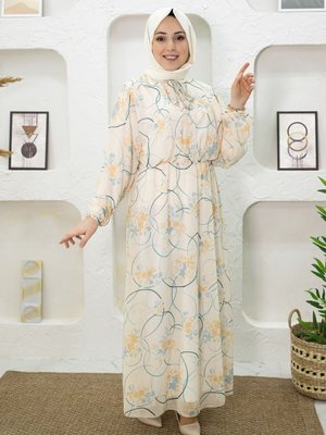 Bej Çiçek Desenli Krem Elbise