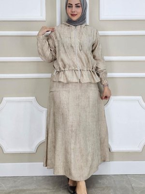 Bej Kapüşonlu Etekli İkili Takım