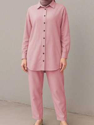 Pudra Boydan Düğmeli Pantolon Gömlek Keten İkili Takım