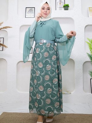 Yeşil Eteği Desenli Elbise
