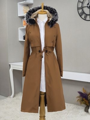 Taba Metal Yıldız Detaylı Kapüşonlu Uzun Kaban