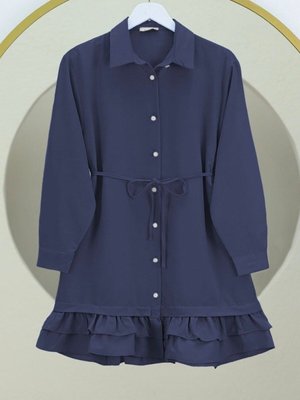 Lacivert Etek Ucu Katlı Fırfırlı Düğmeli Poplin Gömlek Tunik