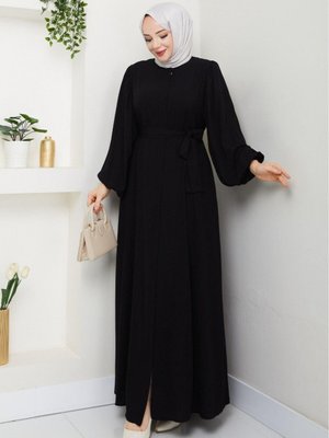 Siyah Kolu Lastikli Beli Bağlamalı Fermuarlı Ferace