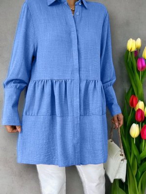 Koyu Mavi Kol Manşeti Taşlı Düğmeli Parçalı Keten Tunik