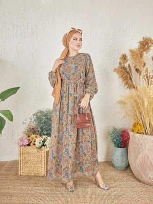 Turuncu Ankanoor Etnik Desenli Şifon Elbise