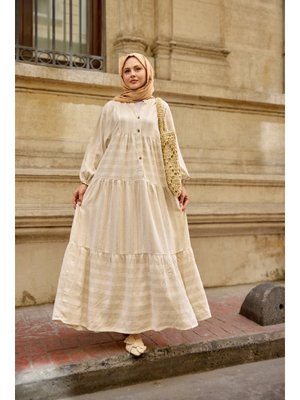 Krem Kendinden Çizgi Desenli Elbise Krem Kendinden Çizgi Desenli Elbise