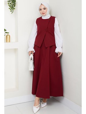 Bordo Asimetrik Yelekli İkili Takım Bordo Asimetrik Yelekli İkili Takım