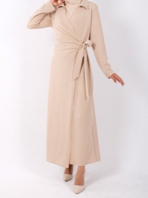 Bej Önü Çift Kat Yandan Bağlamalı Elbise