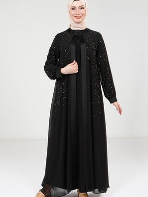 Siyah Taş Detaylı Şifon Abaya Takım Siyah Taş Detaylı Şifon Abaya Takım
