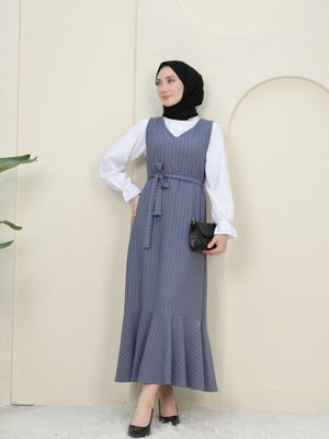 Gri Çizgili Beli Kuşaklı Gömlek Jile Takım