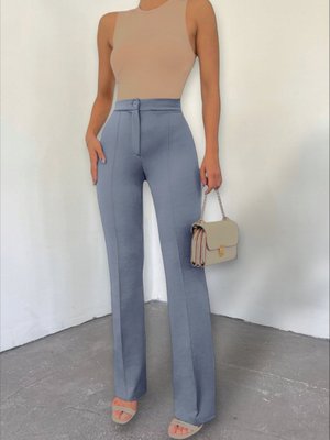 Gri Düğmeli Likralı Pantolon