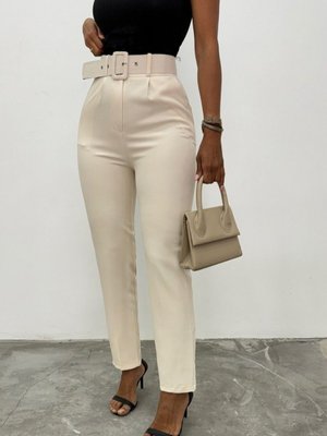 Bej Kalın Kemerli Kumaş Pantolon