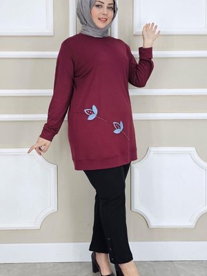 Bordo Çiçek Dikme Detaylı Tunik Bordo Çiçek Dikme Detaylı Tunik