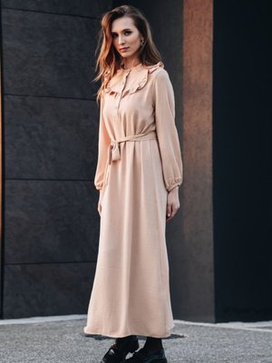 Bej Önü Düğmeli Kuşaklı Yakası Fırfırlı Ayrobin Elbise