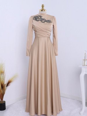 Vizon Yakası Taşlı Önü Drapeli Abiye Elbise