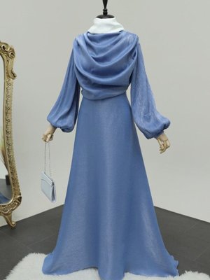 Bebe Mavi Önü Dökümlü Kuyruklu Balon Kol Abiye Elbise