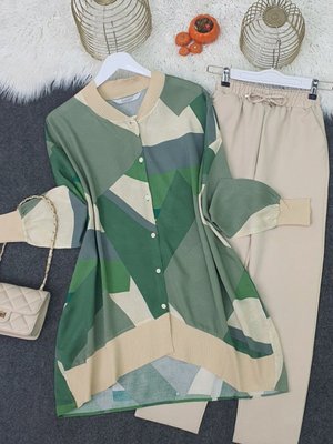 Yeşil Çiçek Desen Ribanalı Düğmeli Oversize Tunik