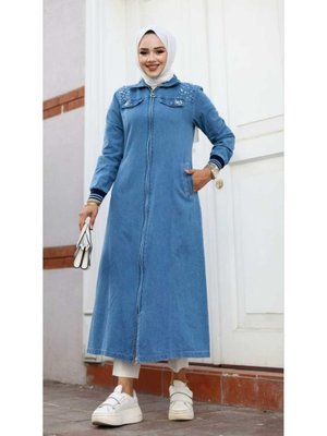 Taş Detaylı Fermuarlı Kot Kap Taş Detaylı Fermuarlı Kot Kap