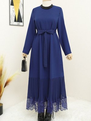 İndigo Eteği Plise Dantelli Kuşaklı Elbise