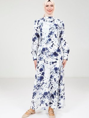 Lacivert Seyyar Kemerli Baskılı Elbise