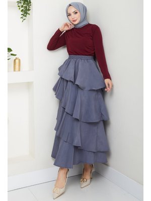 Gri Fırfırlı Kat Kat Uzun Modal Etek Gri Fırfırlı Kat Kat Uzun Modal Etek