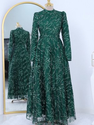 Zümrüt Yapıştırma Taş Detaylı Simli Astarlı Tül Abiye Elbise