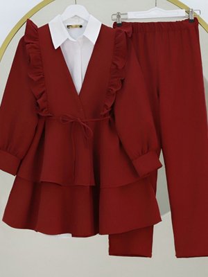 Bordo Önü Fırfırlı Bağcıklı Eteği Katlı Pantolonlu Kimono İkili Takım