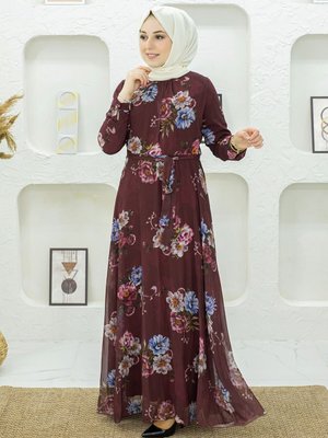 Bordo Çiçek Desenli Elbise