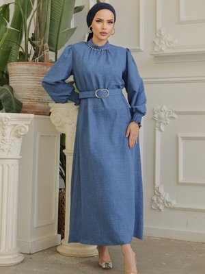 İndigo Yakası Taşlı Büzgü Kollu Kemerli Keten Elbise