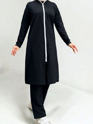 Siyah Yakası Biyeli Boydan Fermuarlı İki İp Penye İkili Takım