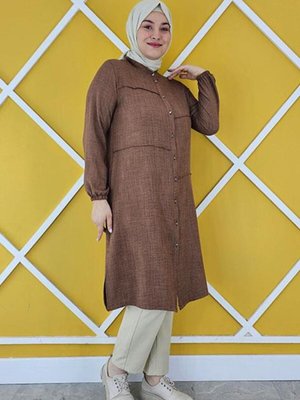 Kahverengi Aller Dikim Detaylı Keten Gömlek