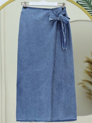 Mavi Uzun Önü Çift Katlı Yandan Bağlamalı Kot Etek