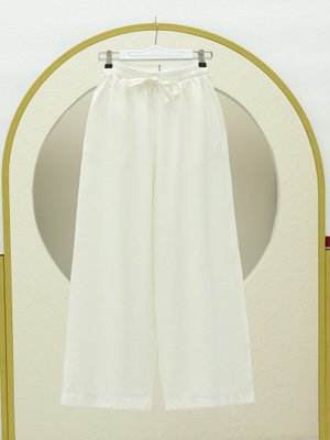 Ekru Beli Lastikli Bağcıklı Bol Paça Modal Kumaş Salaş Pantolon