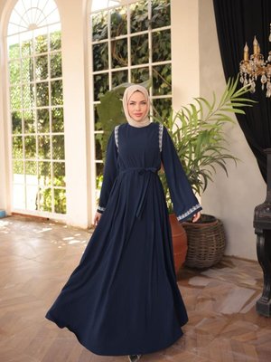 Lacivert Ankanoor Abaya Kol Nakışlı Medine İpeği Elbise