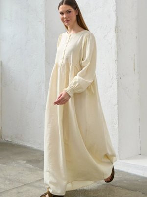 Krem Düz Yandan Bağlamalı Müslin Kumaş Elbise