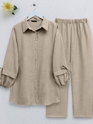 Bej Kolu Lastikli Bağcık Detaylı İkili Takım